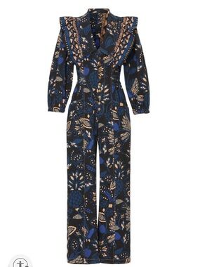 FARM Rio Macaw Forest Navy Black Beige Floral Ruffle-Collar Jumpsuit M